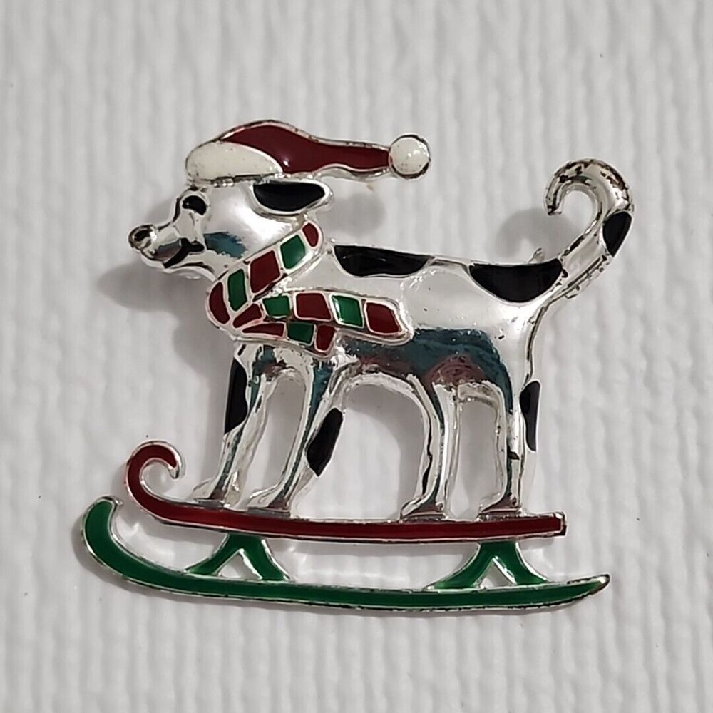 Skiing Dog Christmas Brooch Pin Santa Hat Scarf 1.75 Inches Tall Vintage 1980s